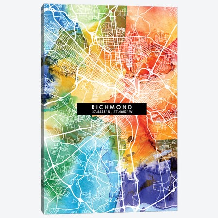 Richmond City Map Colorful Watercolor Style Canvas Print #WDA1879} by WallDecorAddict Canvas Art Print