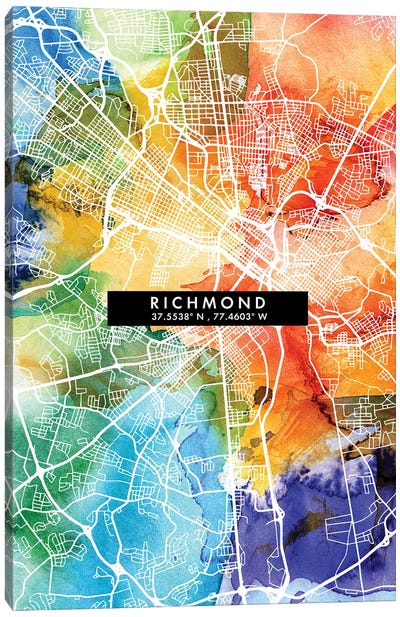 Richmond City Map Colorful Watercolor Style Canvas Art Print