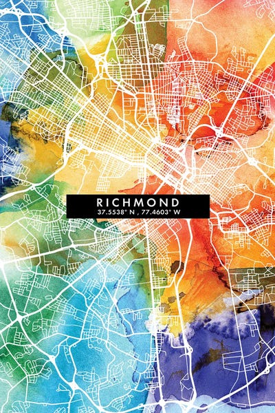 Virginia: Richmond City Map Colorful Watercolor Style by WallDecorAddict
