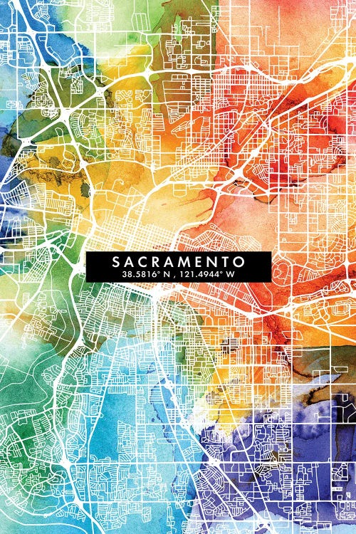 Sacramento City Map Colorful Watercolor Style by WallDecorAddict wall art