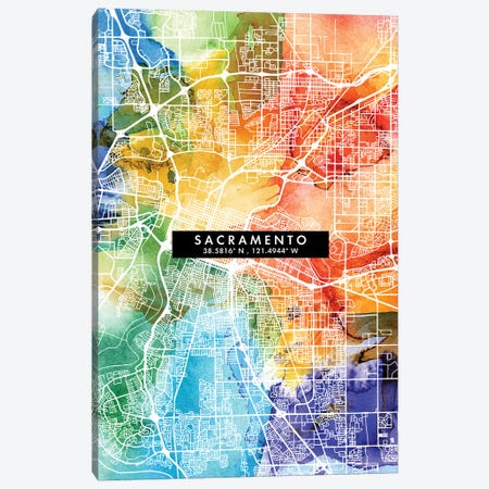 Sacramento City Map Colorful Watercolor Style Canvas Print #WDA1880} by WallDecorAddict Canvas Art