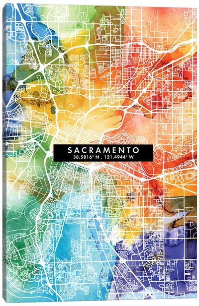 Sacramento City Map Colorful Watercolor Style Canvas Art Print - Sacramento Art