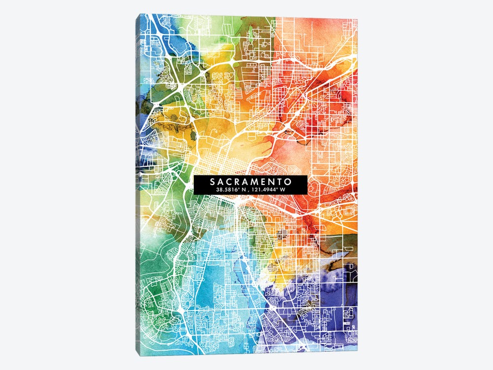 Sacramento City Map Colorful Watercolor Style by WallDecorAddict 1-piece Art Print