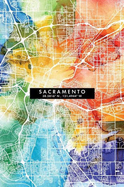 Sacramento: Sacramento City Map Colorful Watercolor Style by WallDecorAddict