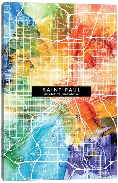 Saint Paul City Map Colorful Watercolor Style Canvas Art Print - Minnesota Art