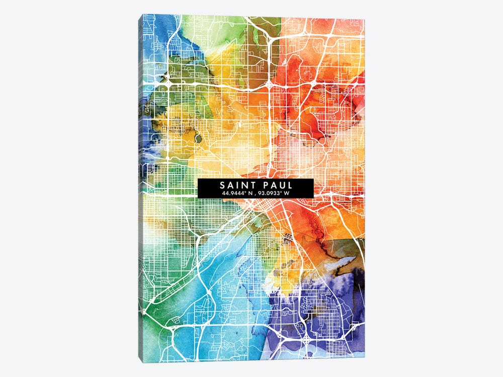 Saint Paul City Map Colorful Watercolor Style by WallDecorAddict 1-piece Canvas Art