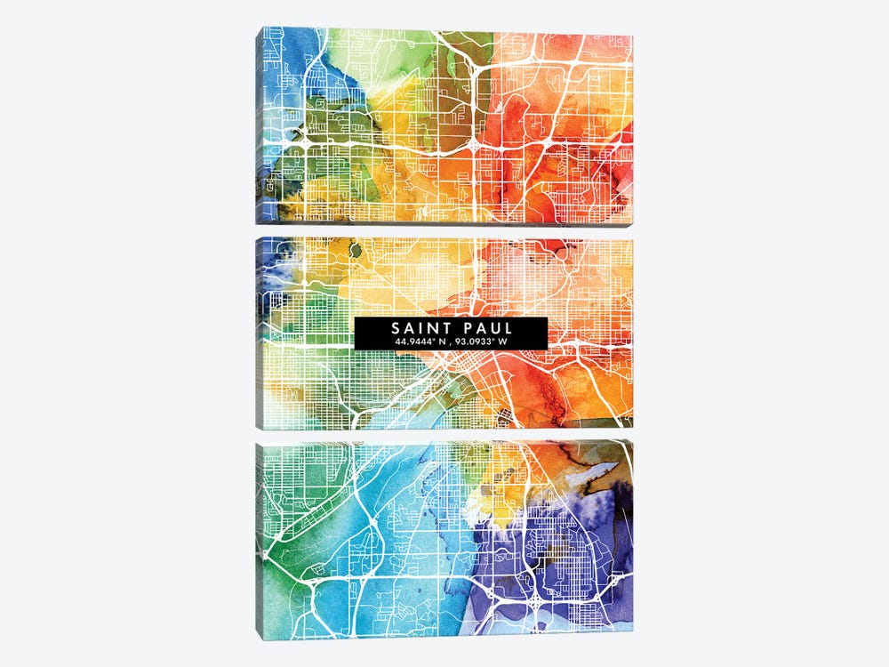 Saint Paul City Map Colorful Watercolor Style by WallDecorAddict 3-piece Canvas Artwork