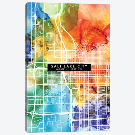 Salt Lake City Map Colorful Watercolor Style Canvas Print #WDA1882} by WallDecorAddict Canvas Wall Art