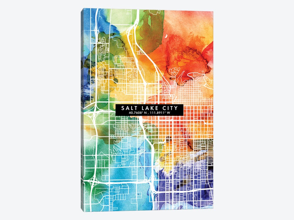 Salt Lake City Map Colorful Watercolor Style by WallDecorAddict 1-piece Canvas Print