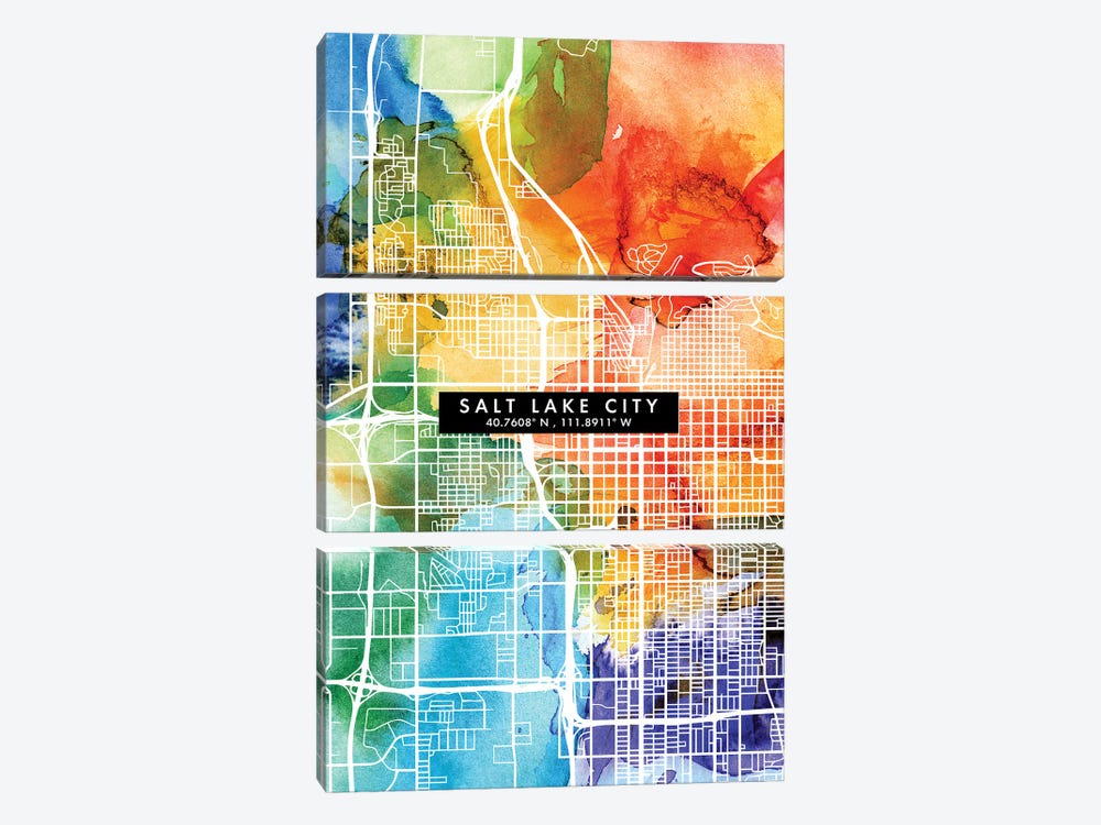 Salt Lake City Map Colorful Watercolor Style by WallDecorAddict 3-piece Canvas Art Print