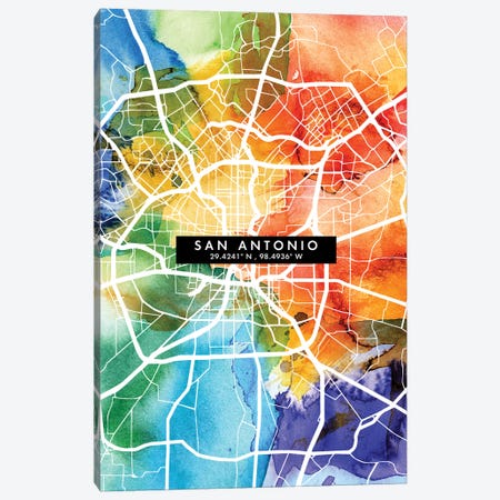 San Antonio City Map Colorful Watercolor Style Canvas Print #WDA1883} by WallDecorAddict Canvas Artwork