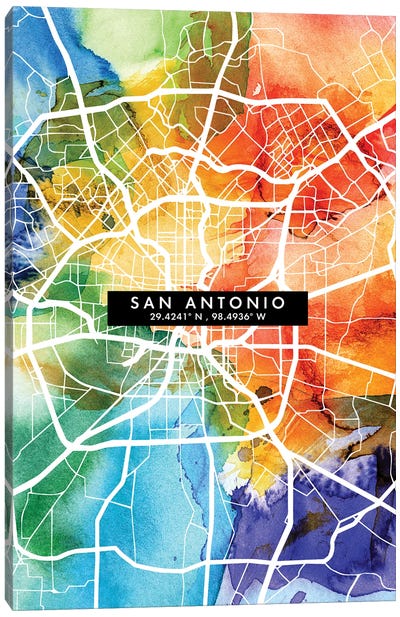 San Antonio City Map Colorful Watercolor Style Canvas Art Print - Texas Art