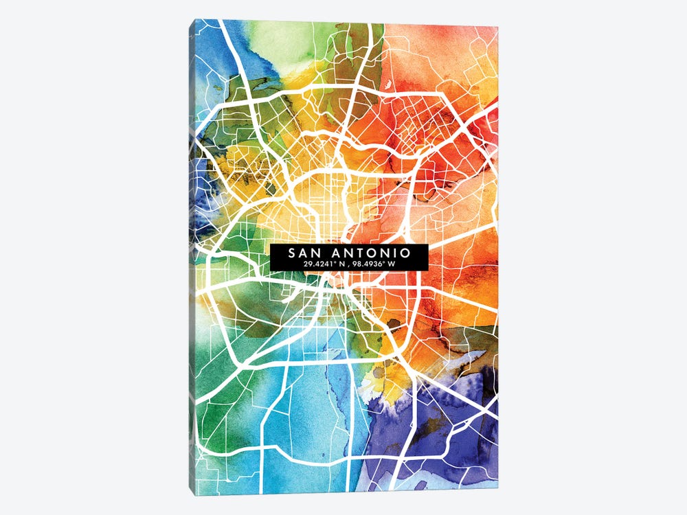 San Antonio City Map Colorful Watercolor Style by WallDecorAddict 1-piece Canvas Wall Art