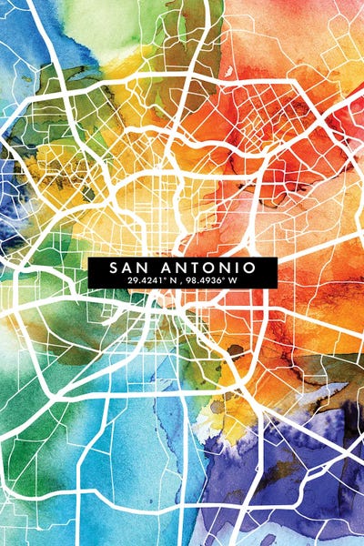 Fine Art Print: San Antonio City Map Colorful Watercolor Style by WallDecorAddict