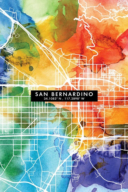 San Bernardino City Map Colorful Watercolor Style by WallDecorAddict wall art