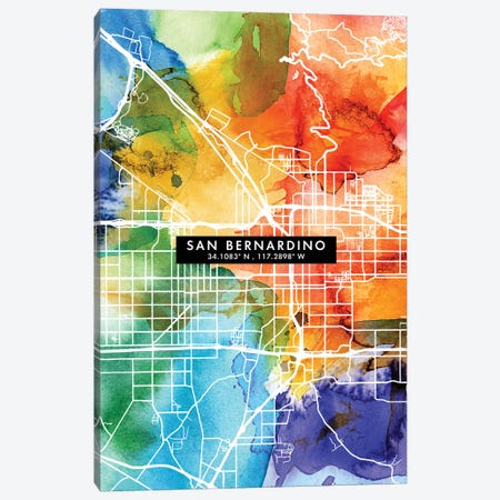 San Bernardino City Map Colorful Watercolor Style Canvas Print #WDA1884} by WallDecorAddict Canvas Print