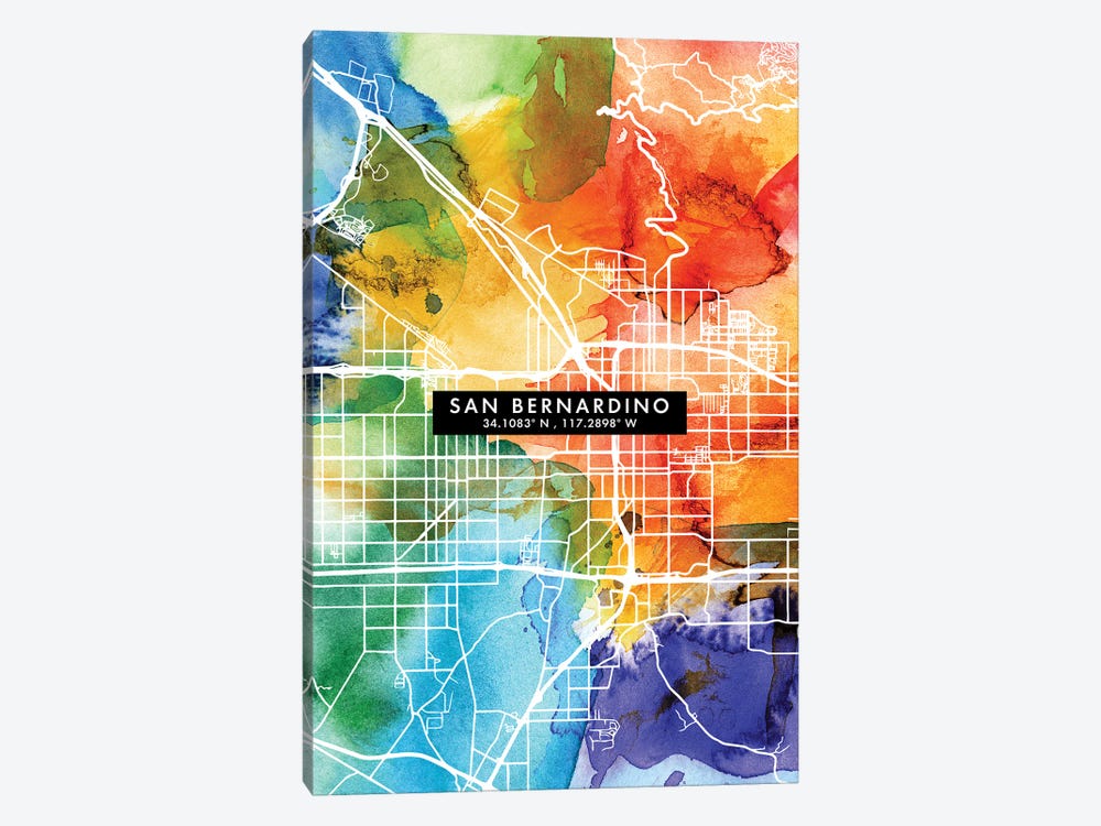 San Bernardino City Map Colorful Watercolor Style by WallDecorAddict 1-piece Canvas Art Print