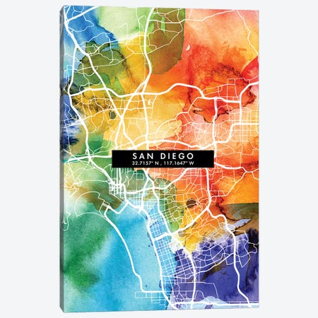 San Diego City Map Colorful Watercolor Style Canvas Print #WDA1885} by WallDecorAddict Canvas Print