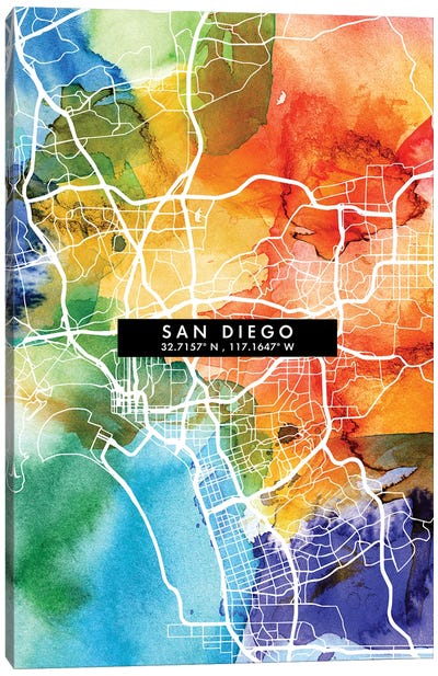 San Diego City Map Colorful Watercolor Style Canvas Art Print - San Diego Maps