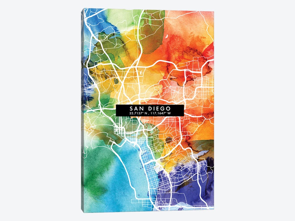San Diego City Map Colorful Watercolor Style by WallDecorAddict 1-piece Canvas Art