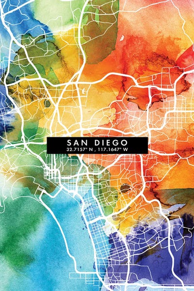 San Diego Maps: San Diego City Map Colorful Watercolor Style by WallDecorAddict