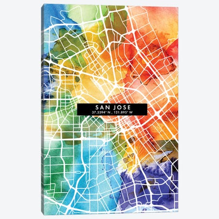 San Jose City Map Colorful Watercolor Style Canvas Print #WDA1886} by WallDecorAddict Canvas Print