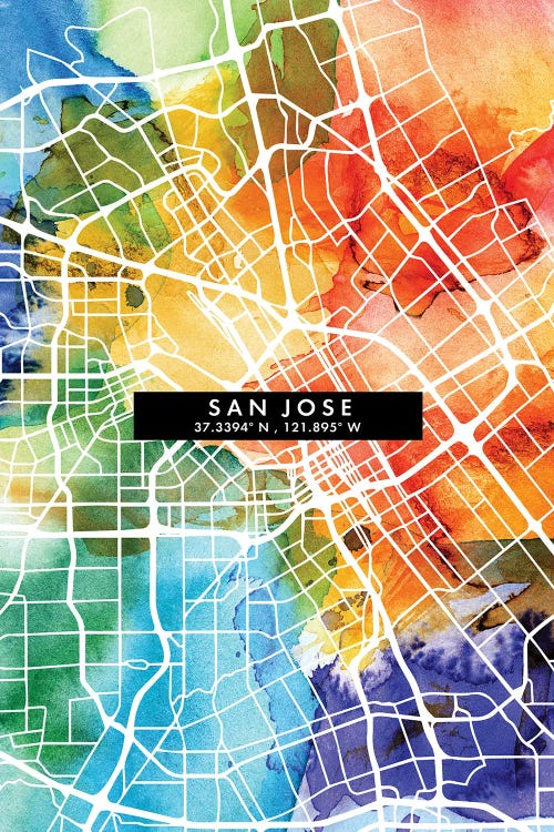 San Jose City Map Colorful Watercolor Style by WallDecorAddict wall art