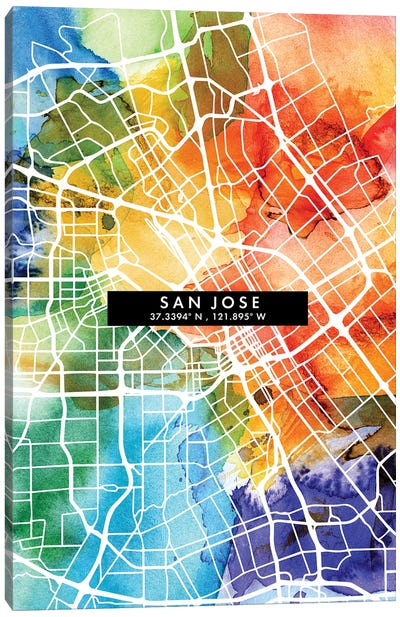 San Jose City Map Colorful Watercolor Style Canvas Art Print - San Jose