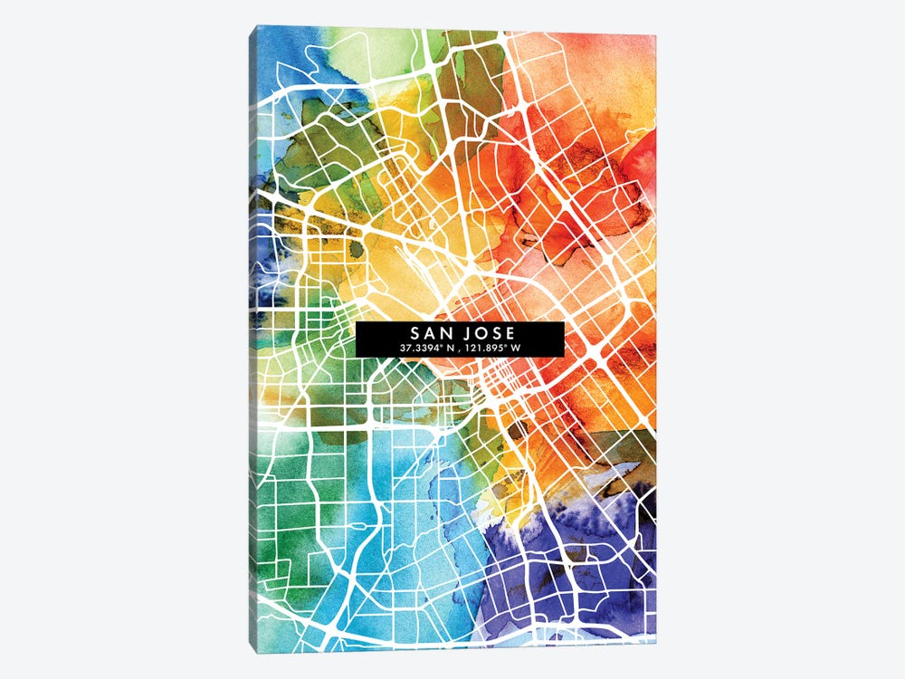 San Jose City Map Colorful Watercolor Style by WallDecorAddict 1-piece Canvas Art Print