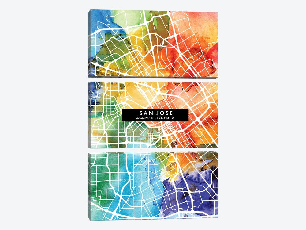 San Jose City Map Colorful Watercolor Style by WallDecorAddict 3-piece Canvas Art Print