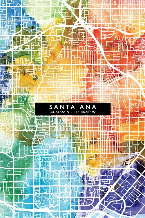 Santa Ana City Map Colorful Watercolor Style by WallDecorAddict wall art