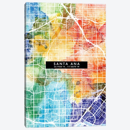 Santa Ana City Map Colorful Watercolor Style Canvas Print #WDA1887} by WallDecorAddict Canvas Art Print
