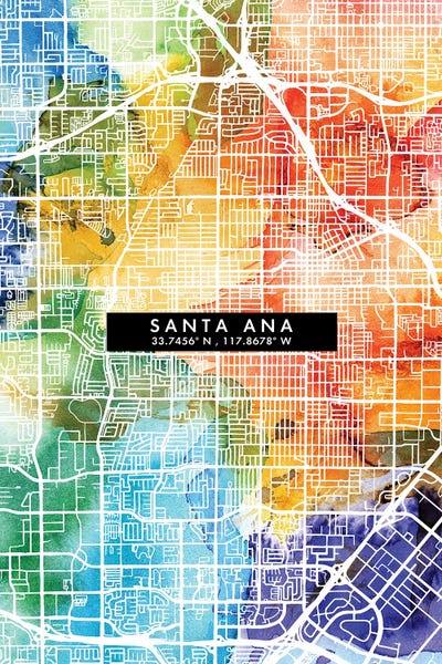 Santa Ana City Map Colorful Watercolor Style