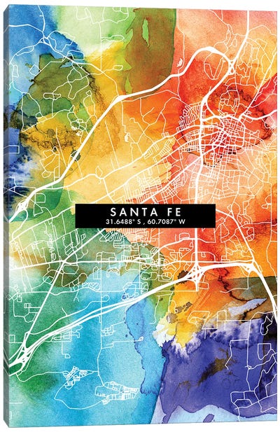 Santa Fe, Argentina City Map Colorful Watercolor Style Canvas Art Print - New Mexico Art