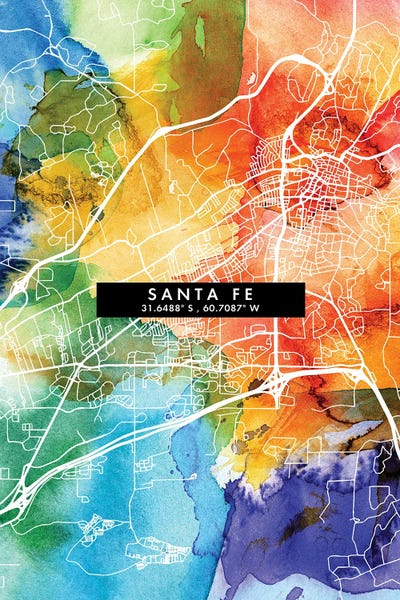 Santa Fe: Santa Fe, Argentina City Map Colorful Watercolor Style by WallDecorAddict