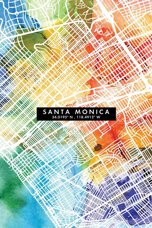 Santa Monica City Map Colorful Watercolor Style