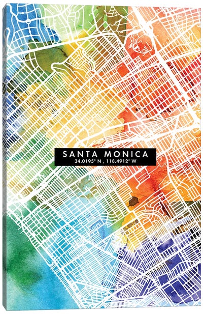 Santa Monica City Map Colorful Watercolor Style Canvas Art Print - Santa Monica