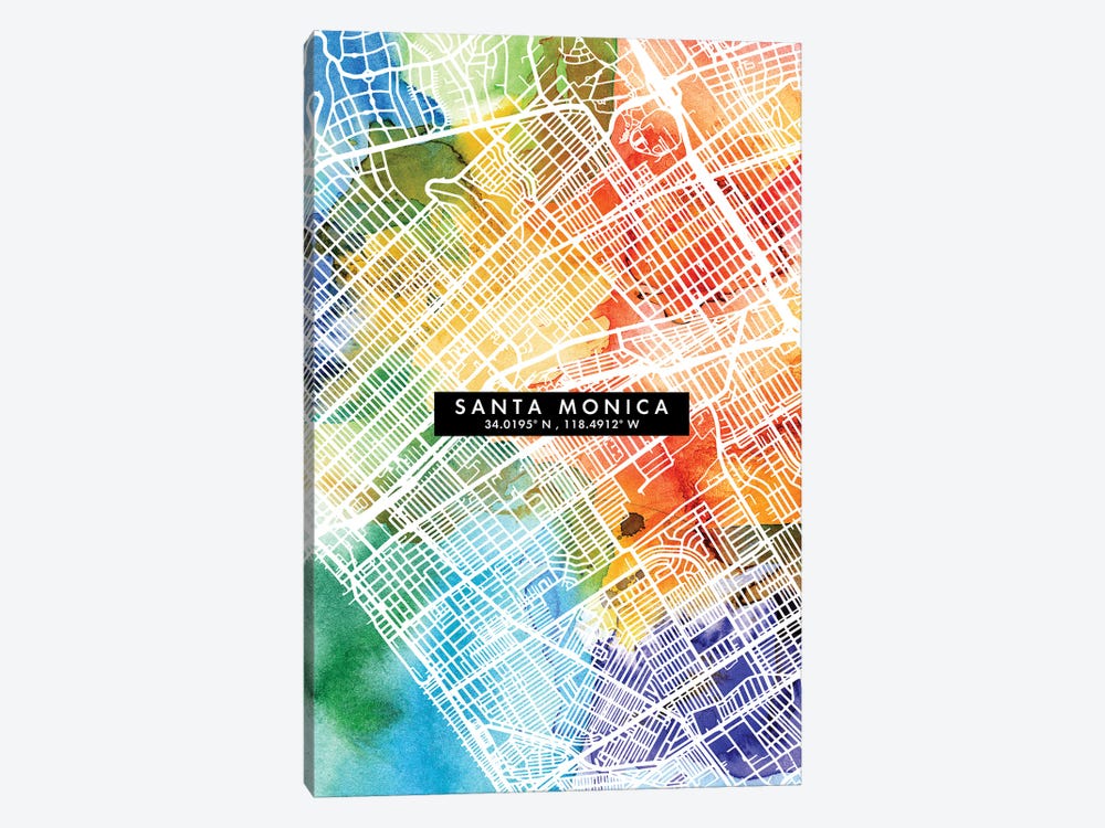 Santa Monica City Map Colorful Watercolor Style by WallDecorAddict 1-piece Canvas Wall Art