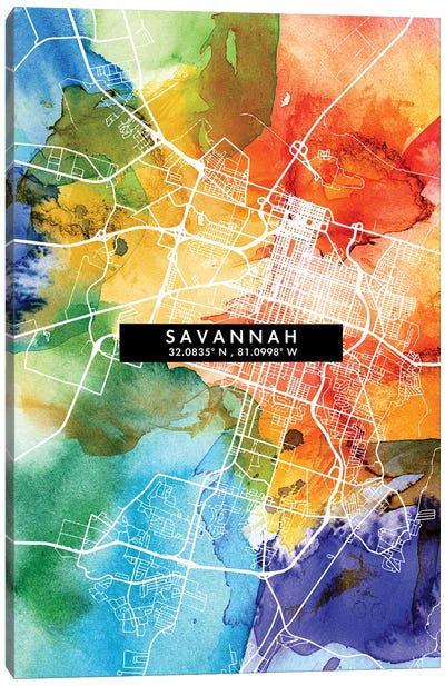 Savannah, Georgia City Map Colorful Watercolor Style Canvas Art Print - Georgia Art