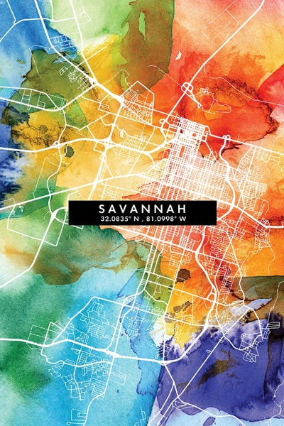 Georgia: Savannah, Georgia City Map Colorful Watercolor Style by WallDecorAddict