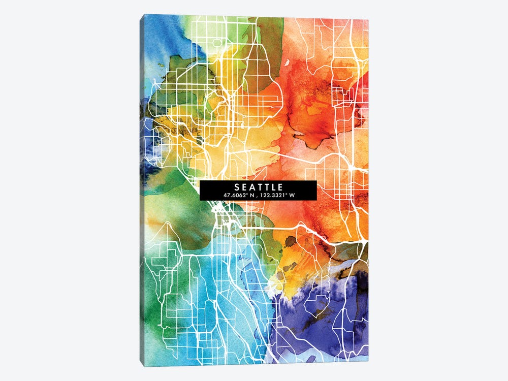 Seattle City Map Colorful Watercolor Style by WallDecorAddict 1-piece Art Print