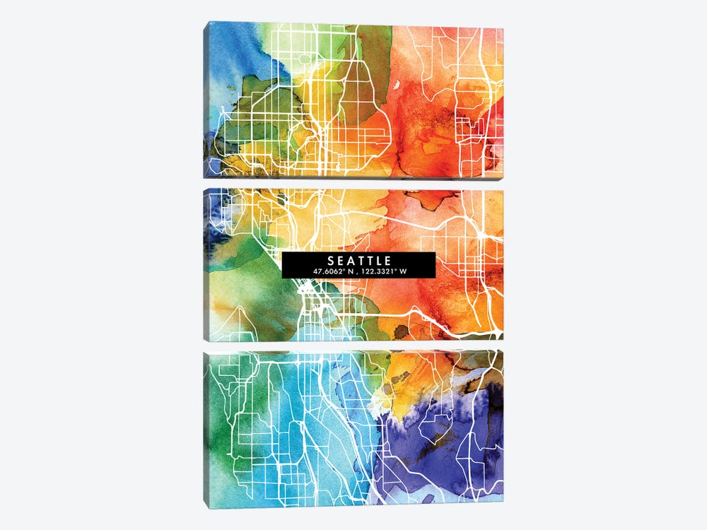 Seattle City Map Colorful Watercolor Style by WallDecorAddict 3-piece Art Print