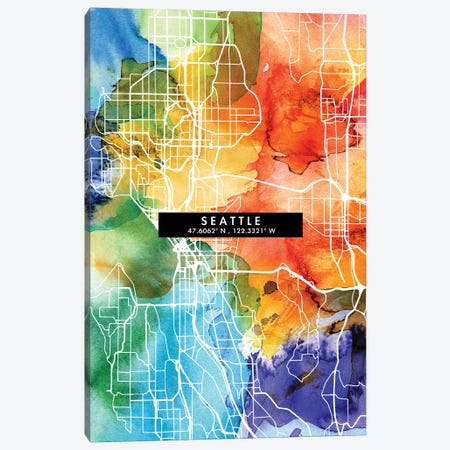 Seattle City Map Colorful Watercolor Style Canvas Print #WDA1891} by WallDecorAddict Canvas Art Print