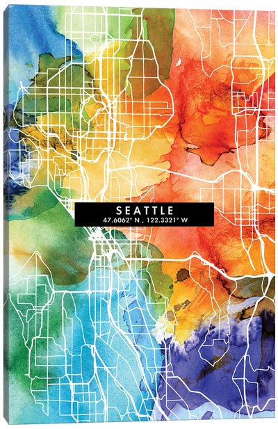 Seattle City Map Colorful Watercolor Style Canvas Art Print - Seattle Maps