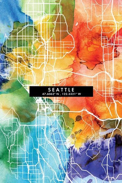 Seattle Maps: Seattle City Map Colorful Watercolor Style by WallDecorAddict