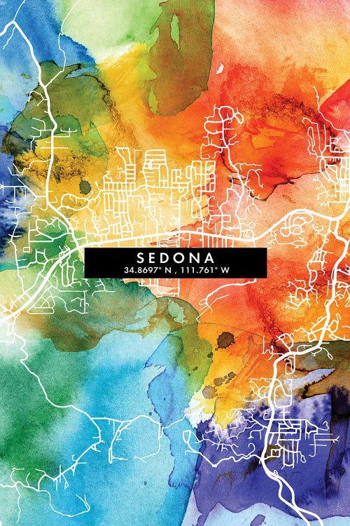 Sedona, Arizona City Map Colorful Watercolor Style by WallDecorAddict wall art