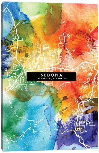 Sedona, Arizona City Map Colorful Watercolor Style Canvas Art Print - Sedona