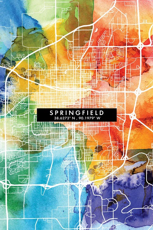 Springfield, Illinois City Map Colorful Watercolor Style by WallDecorAddict wall art