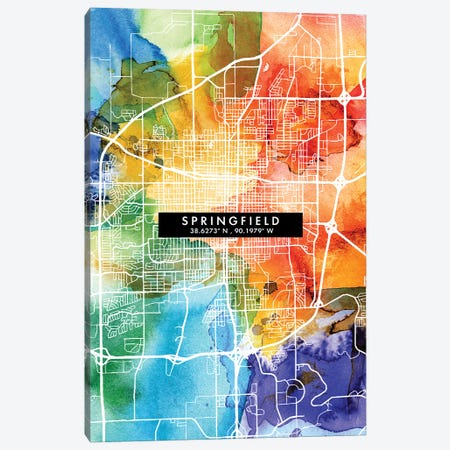 Springfield, Illinois City Map Colorful Watercolor Style Canvas Print #WDA1893} by WallDecorAddict Canvas Art Print