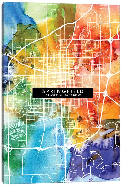 Springfield, Illinois City Map Colorful Watercolor Style Canvas Art Print